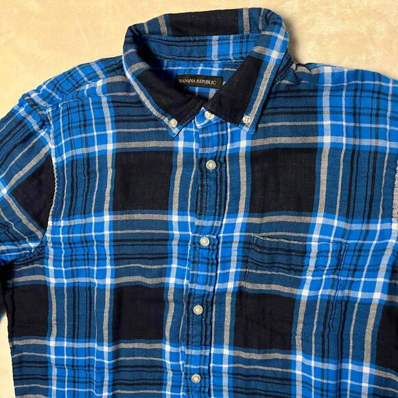 Banana Republic 2 Layer Flannel Untucked Slim Fit Men's L Blue & White Nautical - Picture 9 of 9